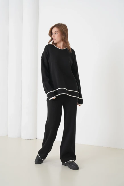 kadın siyah bisiklet yaka oversize kazak pantolon triko alt-üst takım 12352