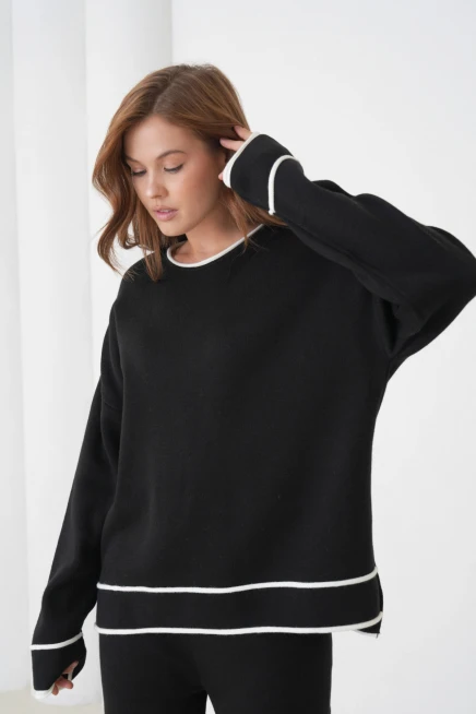 kadın siyah bisiklet yaka oversize kazak pantolon triko alt-üst takım 12352