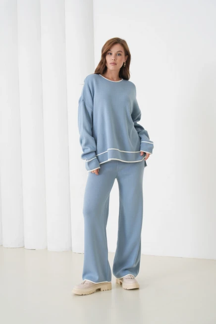 kadın siyah bisiklet yaka oversize kazak pantolon triko alt-üst takım 12352