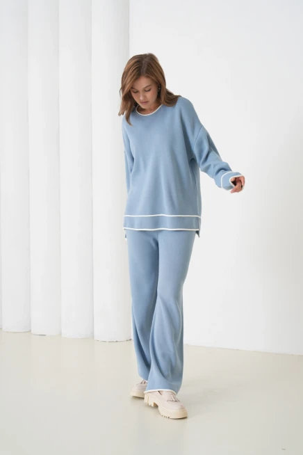 kadın siyah bisiklet yaka oversize kazak pantolon triko alt-üst takım 12352