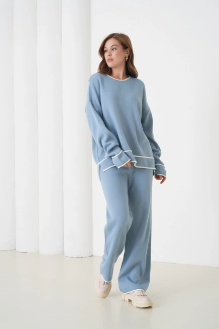 kadın siyah bisiklet yaka oversize kazak pantolon triko alt-üst takım 12352