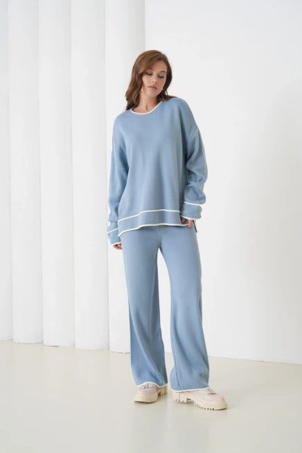 kadın siyah bisiklet yaka oversize kazak pantolon triko alt-üst takım 12352