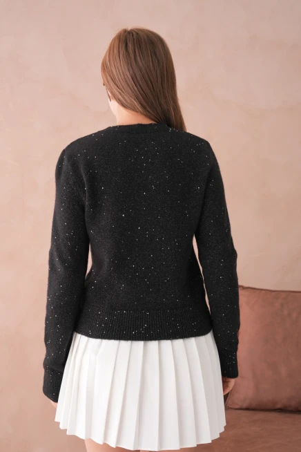 Kadın Siyah Bisiklet Yaka Simli Yumuşak Dokulu Triko Kazak