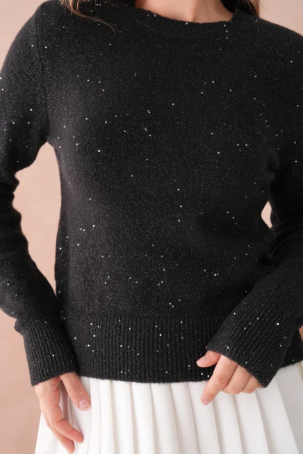 Kadın Siyah Bisiklet Yaka Simli Yumuşak Dokulu Triko Kazak