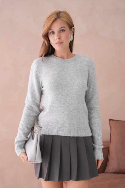 Kadın Gri Bisiklet Yaka Simli Yumuşak Dokulu Triko Kazak