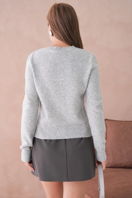 Kadın Gri Bisiklet Yaka Simli Yumuşak Dokulu Triko Kazak