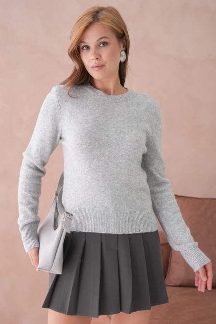 Kadın Gri Bisiklet Yaka Simli Yumuşak Dokulu Triko Kazak