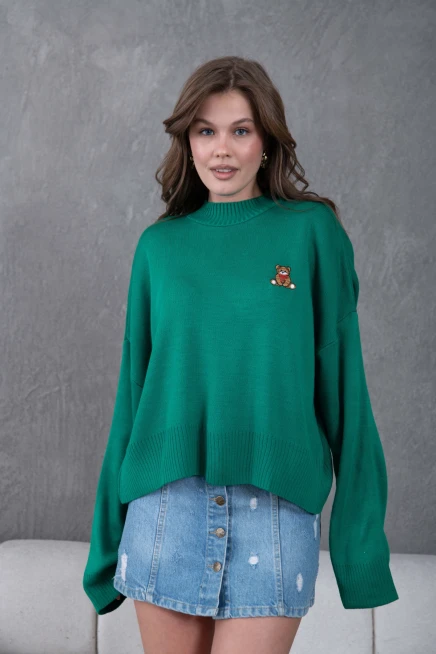 Kadın Yeşil Dik Yaka Oversize Nakışlı Triko Kazak
