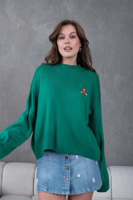 Kadın Yeşil Dik Yaka Oversize Nakışlı Triko Kazak