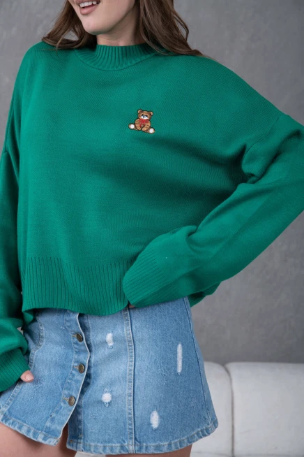 Kadın Yeşil Dik Yaka Oversize Nakışlı Triko Kazak