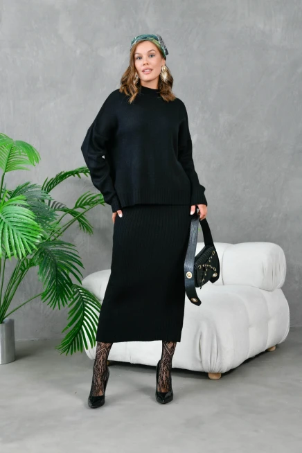 kadın siyah dik yaka salaş kazak uzun etekli ikili triko takım 10270
