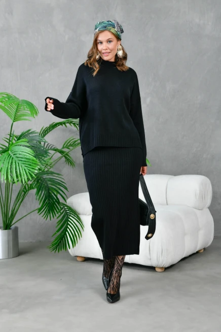 kadın siyah dik yaka salaş kazak uzun etekli ikili triko takım 10270