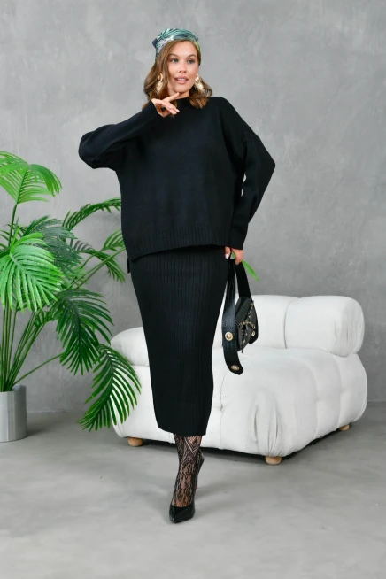 kadın siyah dik yaka salaş kazak uzun etekli ikili triko takım 10270