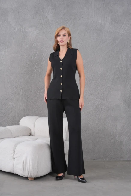 Kadın Siyah Gömlek Yaka Düğmeli Yelek Palazzo Pantolon Triko Alt-Üst Takım