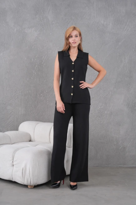 Kadın Siyah Gömlek Yaka Düğmeli Yelek Palazzo Pantolon Triko Alt-Üst Takım