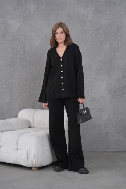 Kadın Siyah Kendinden Dokulu Düğmeli Kazak Pantolon Triko Alt-Üst Takım