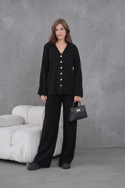 Kadın Siyah Kendinden Dokulu Düğmeli Kazak Pantolon Triko Alt-Üst Takım