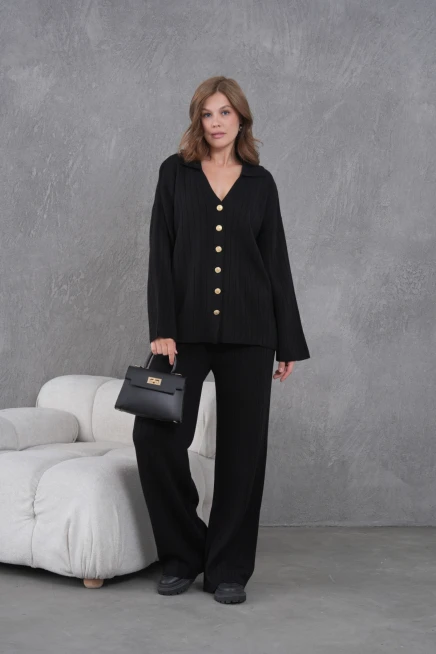 Kadın Siyah Kendinden Dokulu Düğmeli Kazak Pantolon Triko Alt-Üst Takım