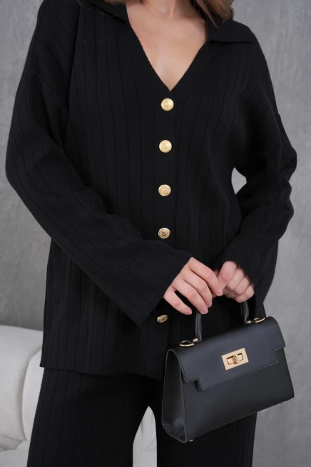 Kadın Siyah Kendinden Dokulu Düğmeli Kazak Pantolon Triko Alt-Üst Takım