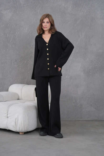Kadın Siyah Kendinden Dokulu Düğmeli Kazak Pantolon Triko Alt-Üst Takım