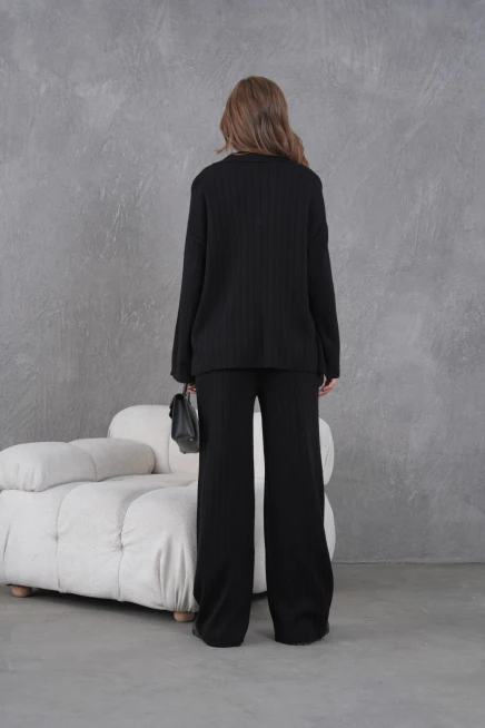 Kadın Siyah Kendinden Dokulu Düğmeli Kazak Pantolon Triko Alt-Üst Takım