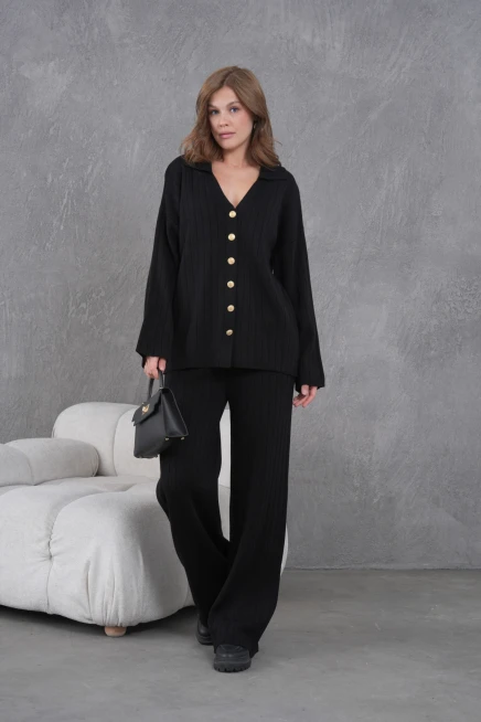 Kadın Siyah Kendinden Dokulu Düğmeli Kazak Pantolon Triko Alt-Üst Takım