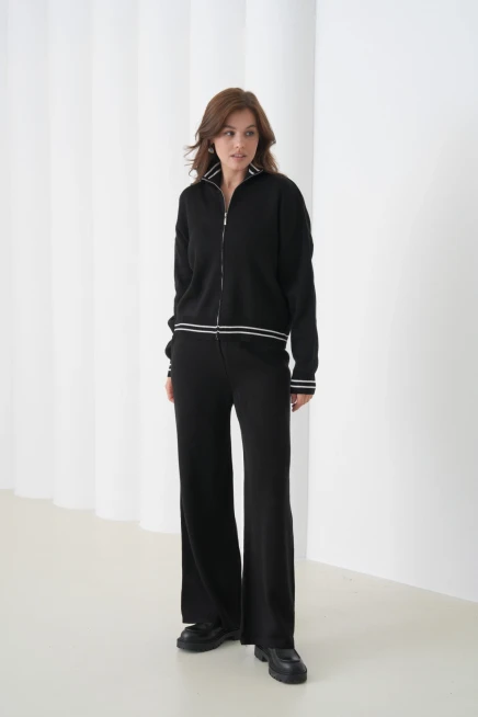 kadın siyah polo yaka fermuarlı kazak pantolon triko alt-üst takım 12343