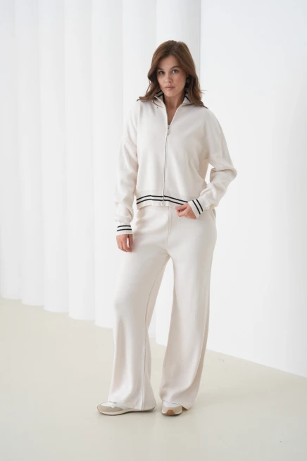 Kadın Polo Yaka Fermuarlı Kazak Pantolon Triko Alt-Üst Takım