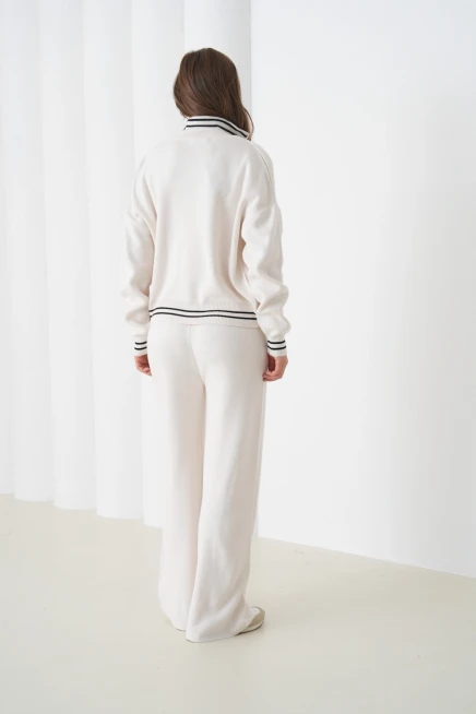 Kadın Polo Yaka Fermuarlı Kazak Pantolon Triko Alt-Üst Takım