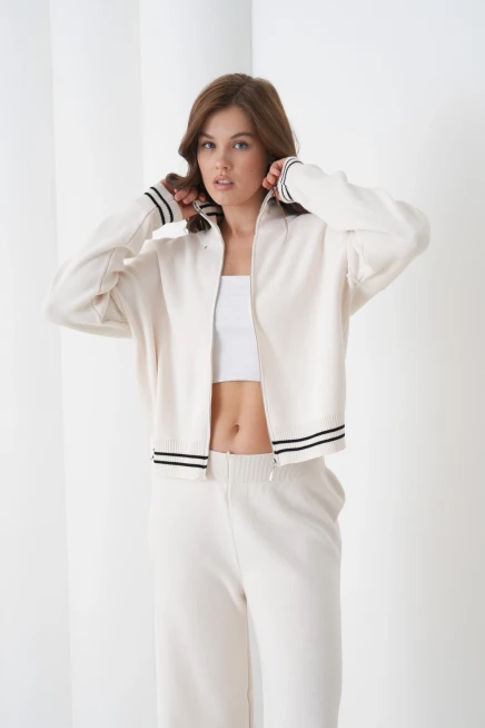 Kadın Polo Yaka Fermuarlı Kazak Pantolon Triko Alt-Üst Takım