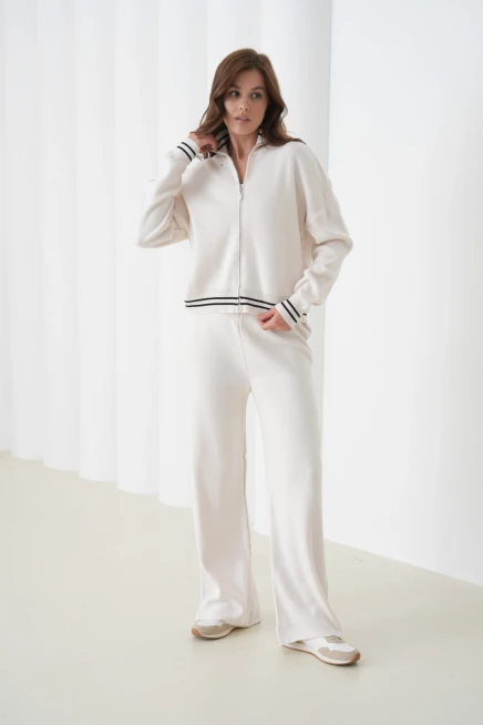 Kadın Polo Yaka Fermuarlı Kazak Pantolon Triko Alt-Üst Takım