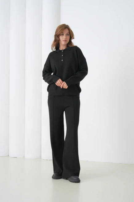 Kadın Siyah Polo Yaka Kazak Pantolon Triko Alt-Üst Takım