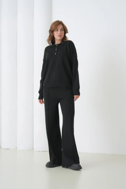 Kadın Siyah Polo Yaka Kazak Pantolon Triko Alt-Üst Takım