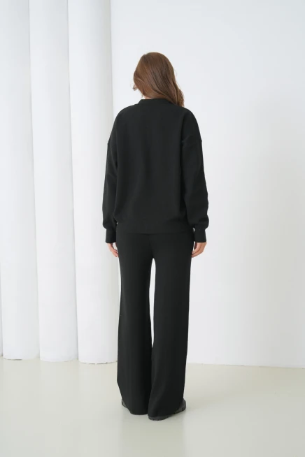 Kadın Siyah Polo Yaka Kazak Pantolon Triko Alt-Üst Takım