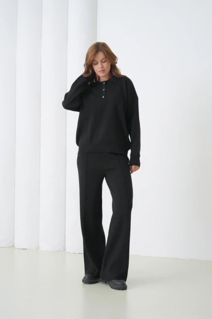 Kadın Siyah Polo Yaka Kazak Pantolon Triko Alt-Üst Takım