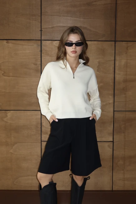 Kadın Taş Oversize Fermuarlı Basic Triko Kazak