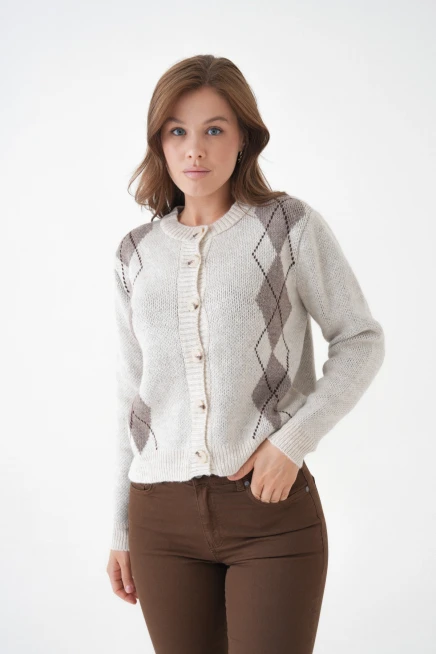 Kadın Taş Bisiklet Yaka Düğme Detay Desenli Triko Hırka