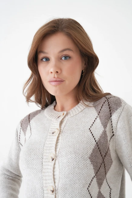 Kadın Taş Bisiklet Yaka Düğme Detay Desenli Triko Hırka