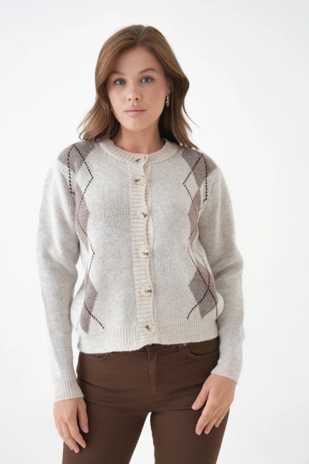 Kadın Taş Bisiklet Yaka Düğme Detay Desenli Triko Hırka