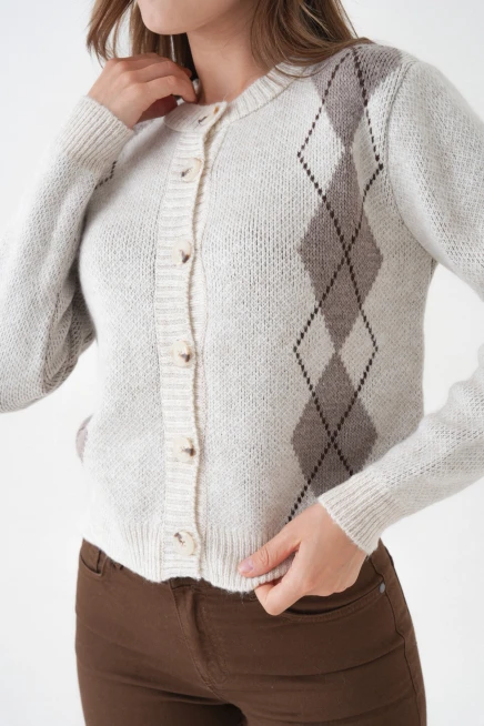 Kadın Taş Bisiklet Yaka Düğme Detay Desenli Triko Hırka