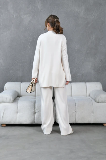 Kadın Taş Dik Yaka Yırtmaçlı Kazak Pantolon Triko Alt-Üst Takım