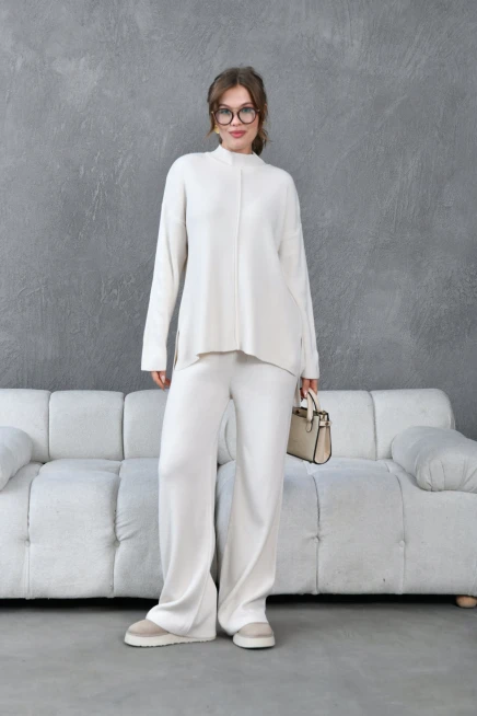 Kadın Taş Dik Yaka Yırtmaçlı Kazak Pantolon Triko Alt-Üst Takım