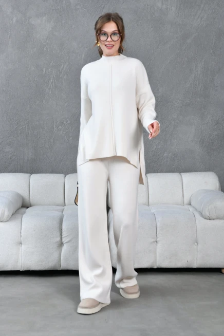 Kadın Taş Dik Yaka Yırtmaçlı Kazak Pantolon Triko Alt-Üst Takım