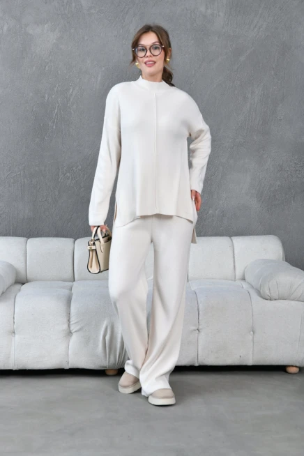 Kadın Taş Dik Yaka Yırtmaçlı Kazak Pantolon Triko Alt-Üst Takım