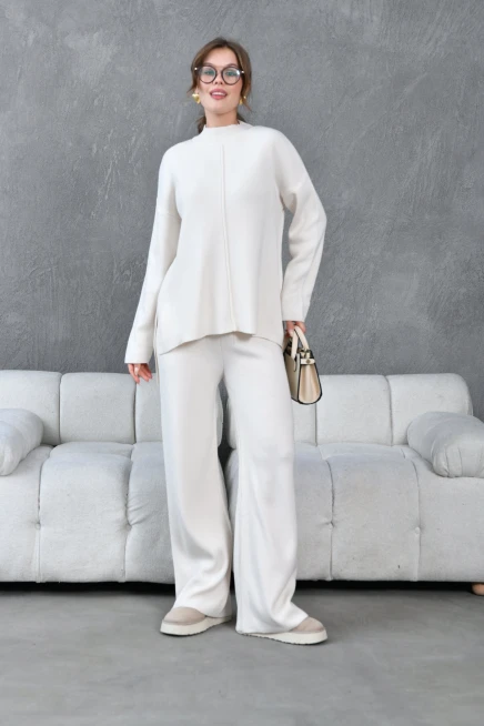 Kadın Taş Dik Yaka Yırtmaçlı Kazak Pantolon Triko Alt-Üst Takım