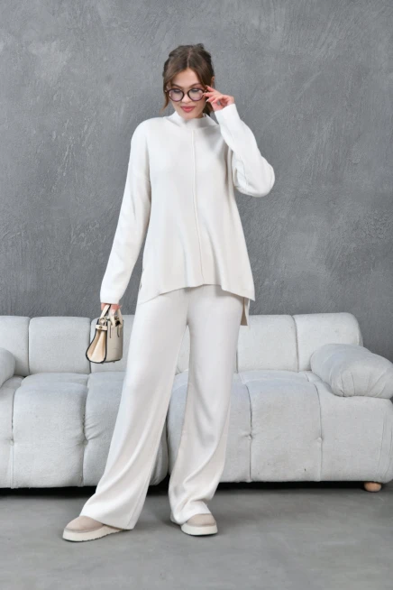 Kadın Taş Dik Yaka Yırtmaçlı Kazak Pantolon Triko Alt-Üst Takım