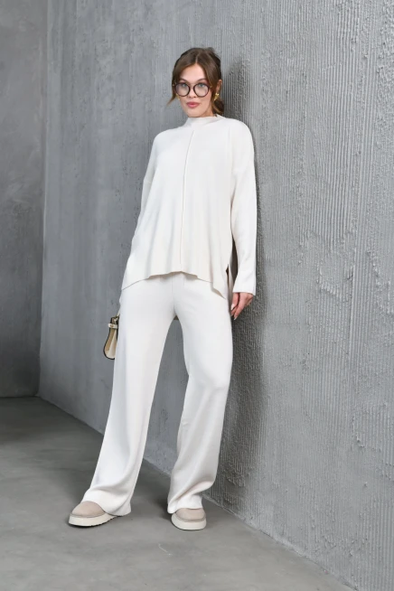 Kadın Taş Dik Yaka Yırtmaçlı Kazak Pantolon Triko Alt-Üst Takım