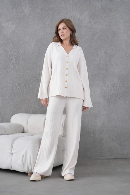 Kadın Taş Kendinden Dokulu Düğmeli Kazak Pantolon Triko Alt-Üst Takım