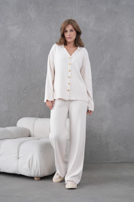 Kadın Taş Kendinden Dokulu Düğmeli Kazak Pantolon Triko Alt-Üst Takım