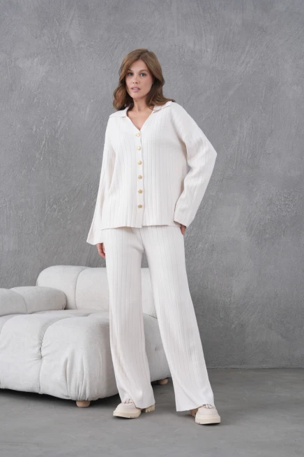 Kadın Taş Kendinden Dokulu Düğmeli Kazak Pantolon Triko Alt-Üst Takım